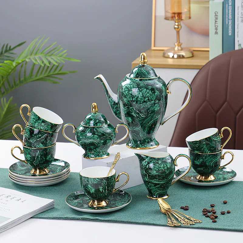 Coffee Tea Green - Bone China Bule Drinkware, Green Gold